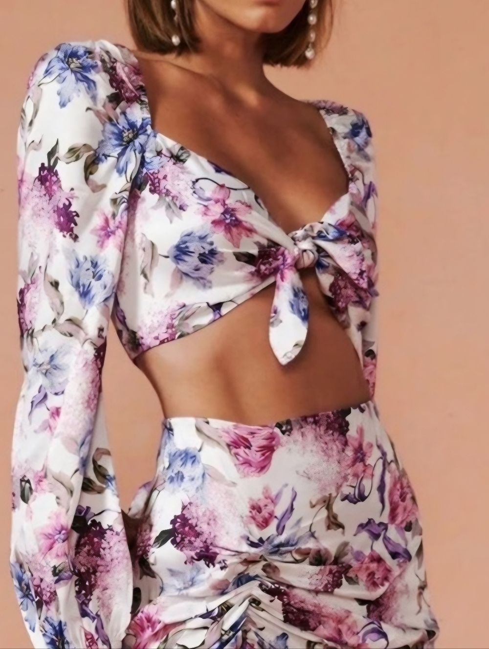 Cami White Floral Tie-Front Crop Top with Pink and Purple Blooms